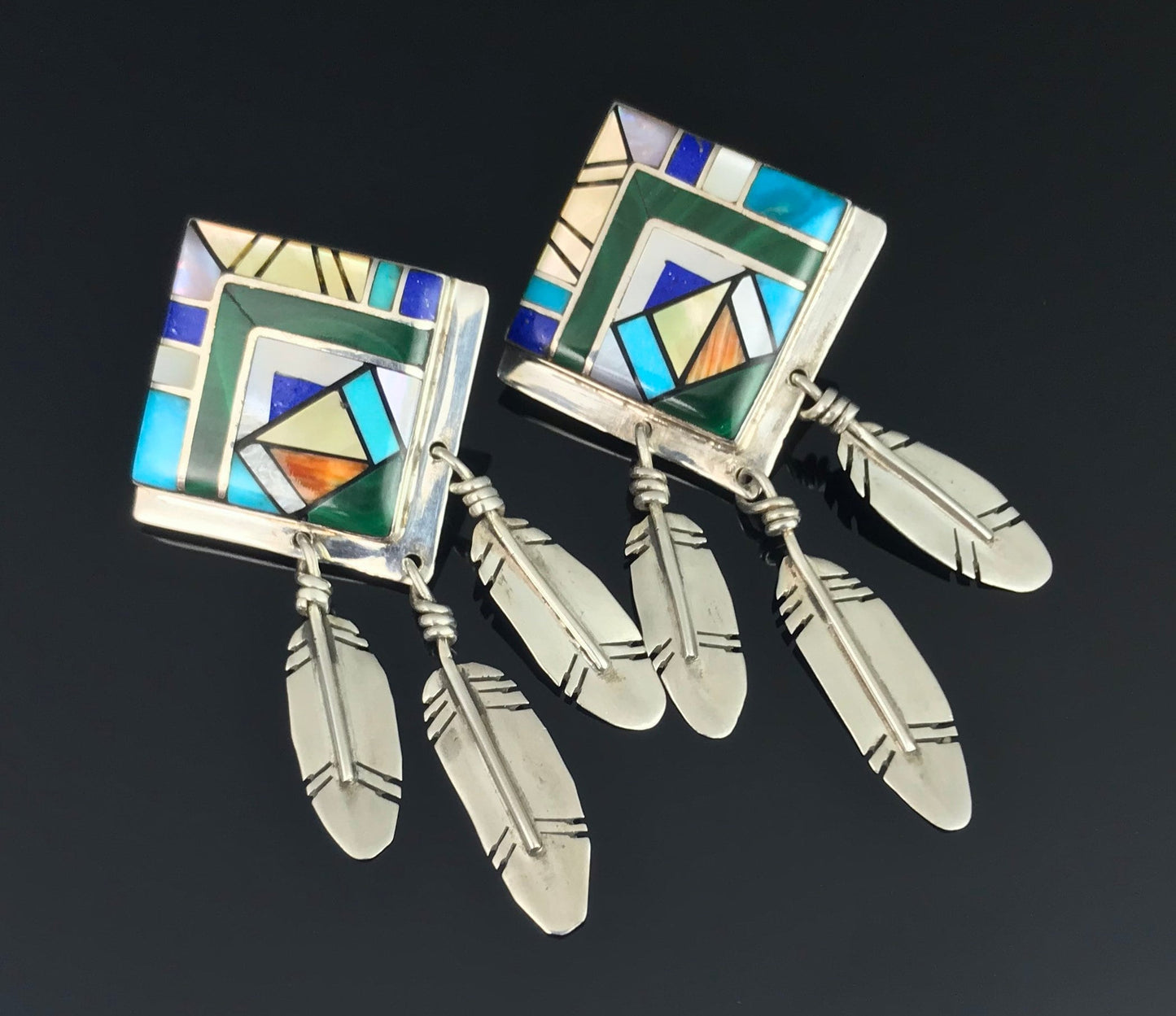 Vintage Inlay Feathers Navajo or Zuni Earrings