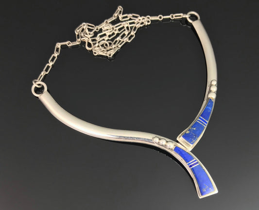 Vintage Lapis Inlay Navajo Necklace Signed: John Charley