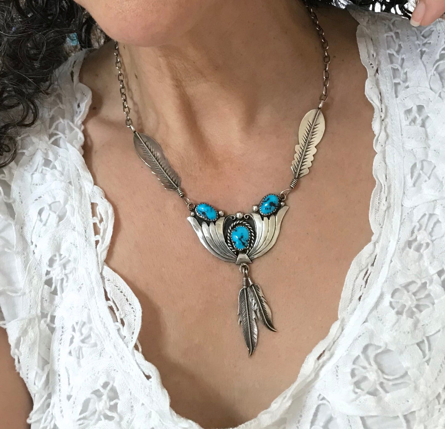 Vintage Turquoise Feathers Sterling Silver Navajo Native American Necklace