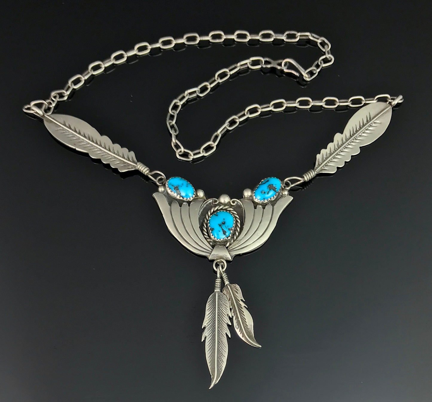 Vintage Turquoise Feathers Sterling Silver Navajo Native American Necklace