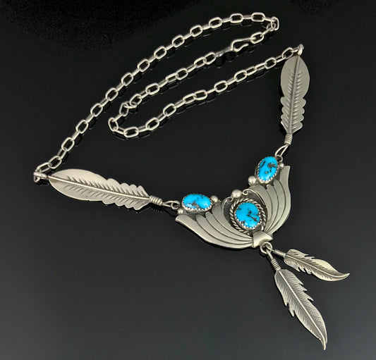 Vintage Turquoise Feathers Sterling Silver Navajo Native American Necklace