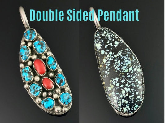 Reverisble Double Sided Turquoise & Red Coral Pendant Navajo Signed - Priscilla Reeder