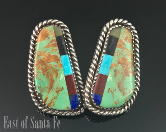 Vintage Turquoise Inlay Earrings Native American Sterling Silver Signed - NC