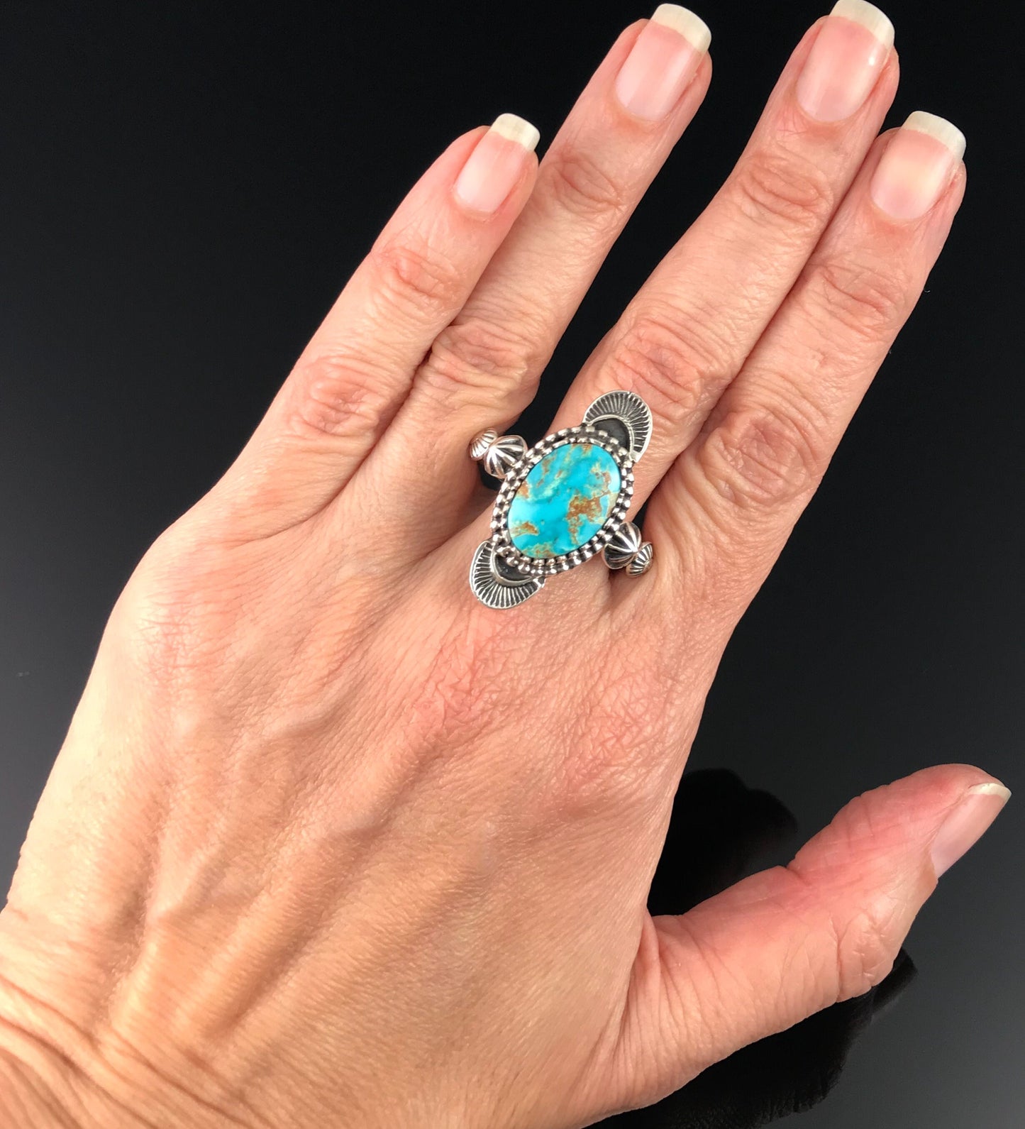 Blue Royston Turquoise Navajo Ring Size 8 3/4 Signed - Floyd Parkhurst
