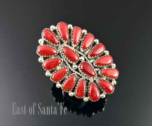 Zuni or Navajo Mediterranean Red Coral Cluster Ring Size 8