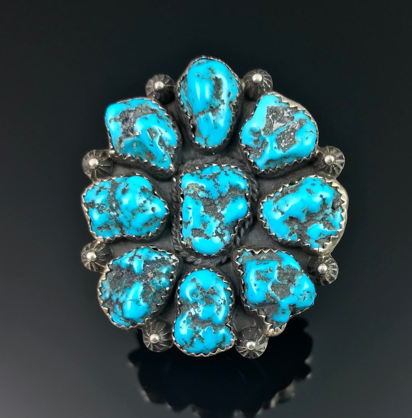 Sleeping Beauty Turquoise Nugget Cluster Ring Navajo Adjustable Size Signed - Arnold Goodluck