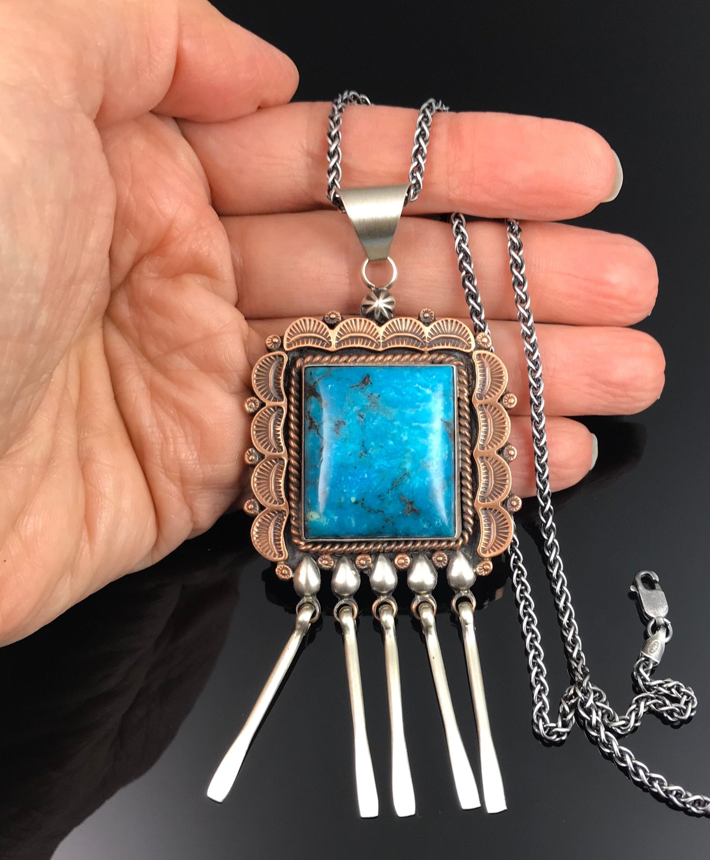 Vintage Large Turquoise Navajo Pendant Sterling Silver and Copper Signed - Running Bear