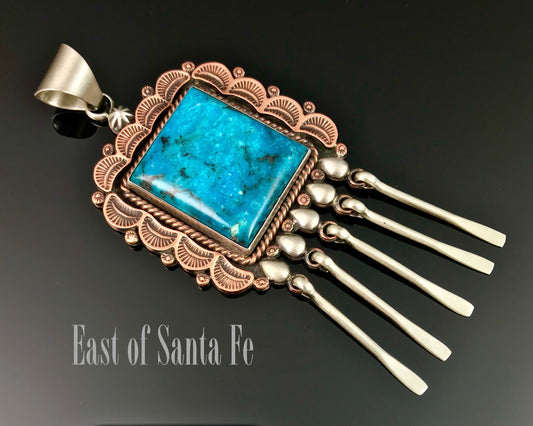 Vintage Large Turquoise Navajo Pendant Sterling Silver and Copper Signed - Running Bear