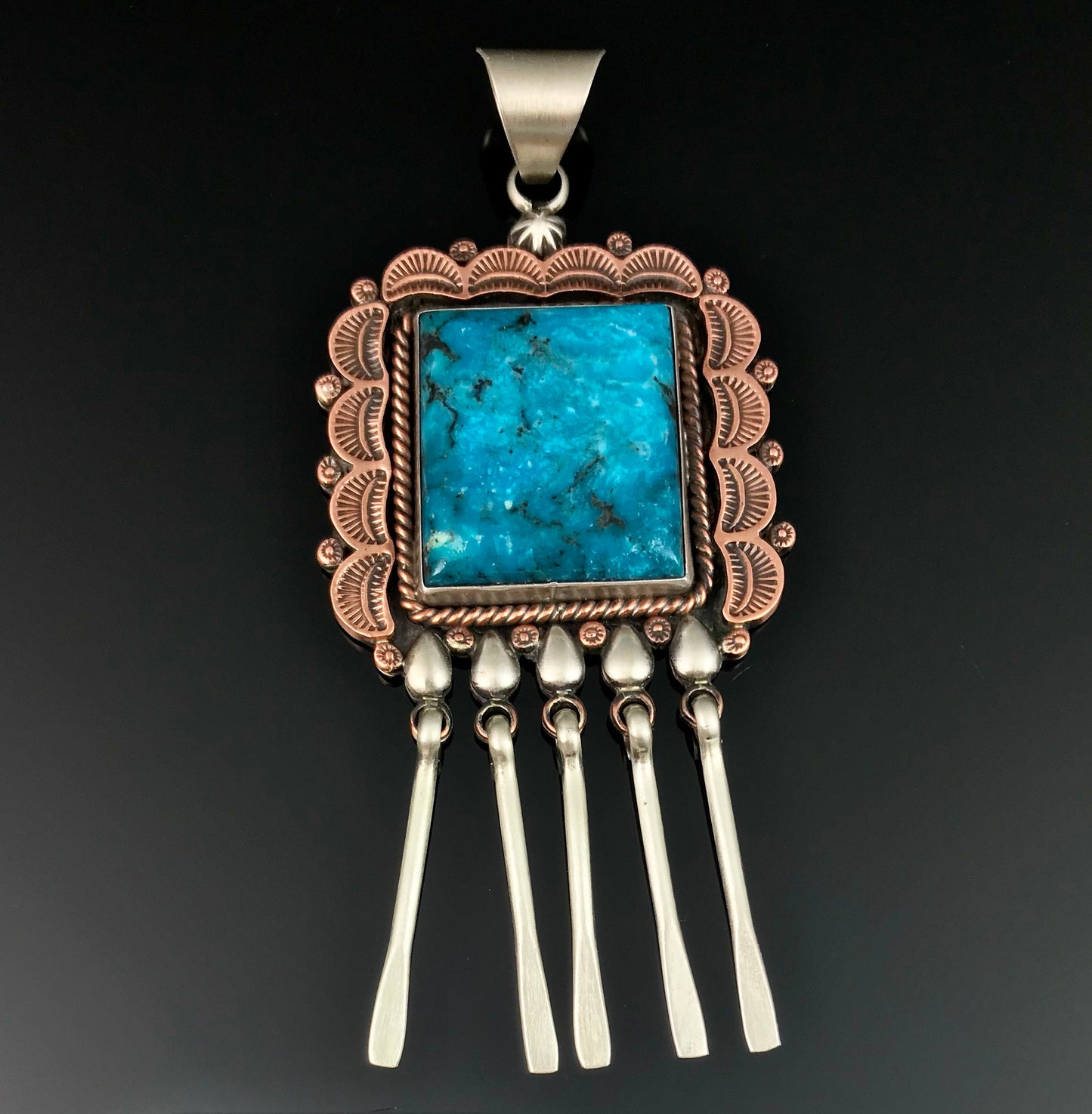 Vintage Large Turquoise Navajo Pendant Sterling Silver and Copper Signed - Running Bear