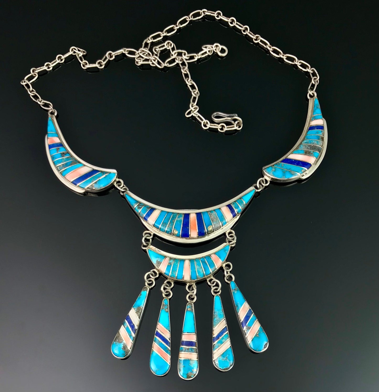 Spectacular! Vintage Inlay Necklace Zuni or Navajo Turquoise Signed