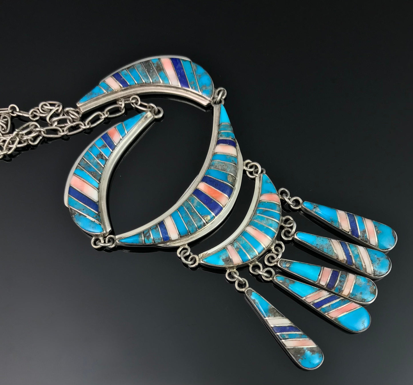 Spectacular! Vintage Inlay Necklace Zuni or Navajo Turquoise Signed