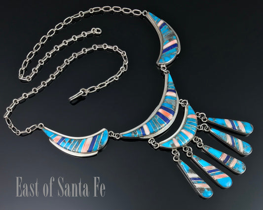 Spectacular! Vintage Inlay Necklace Zuni or Navajo Turquoise Signed