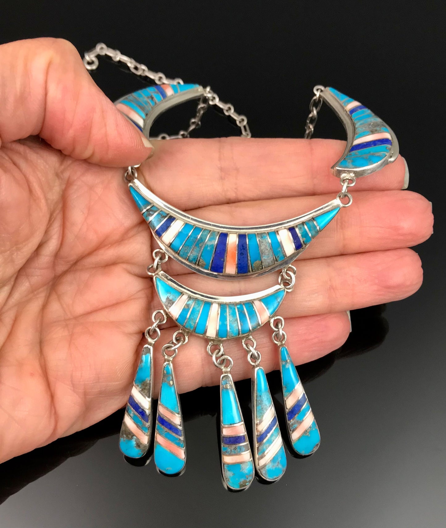 Spectacular! Vintage Inlay Necklace Zuni or Navajo Turquoise Signed