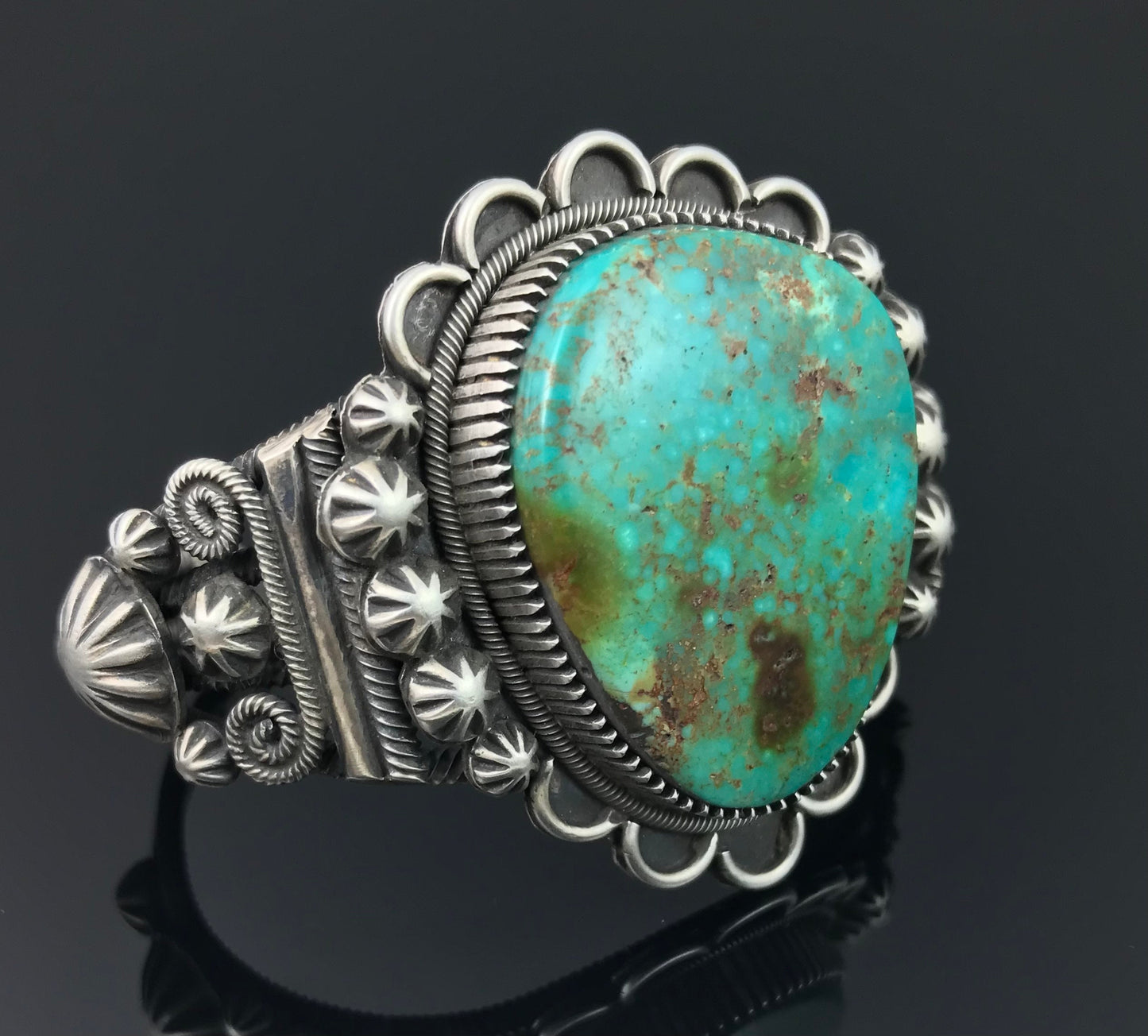 Elaborate Traditional Turquoise Navajo Cuff Bracelet Signed - Richard Jim