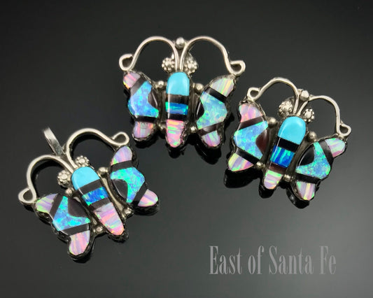 Vintage Butterfly Inlay Pendant & Earrings Zuni Signed - Lolita Milani