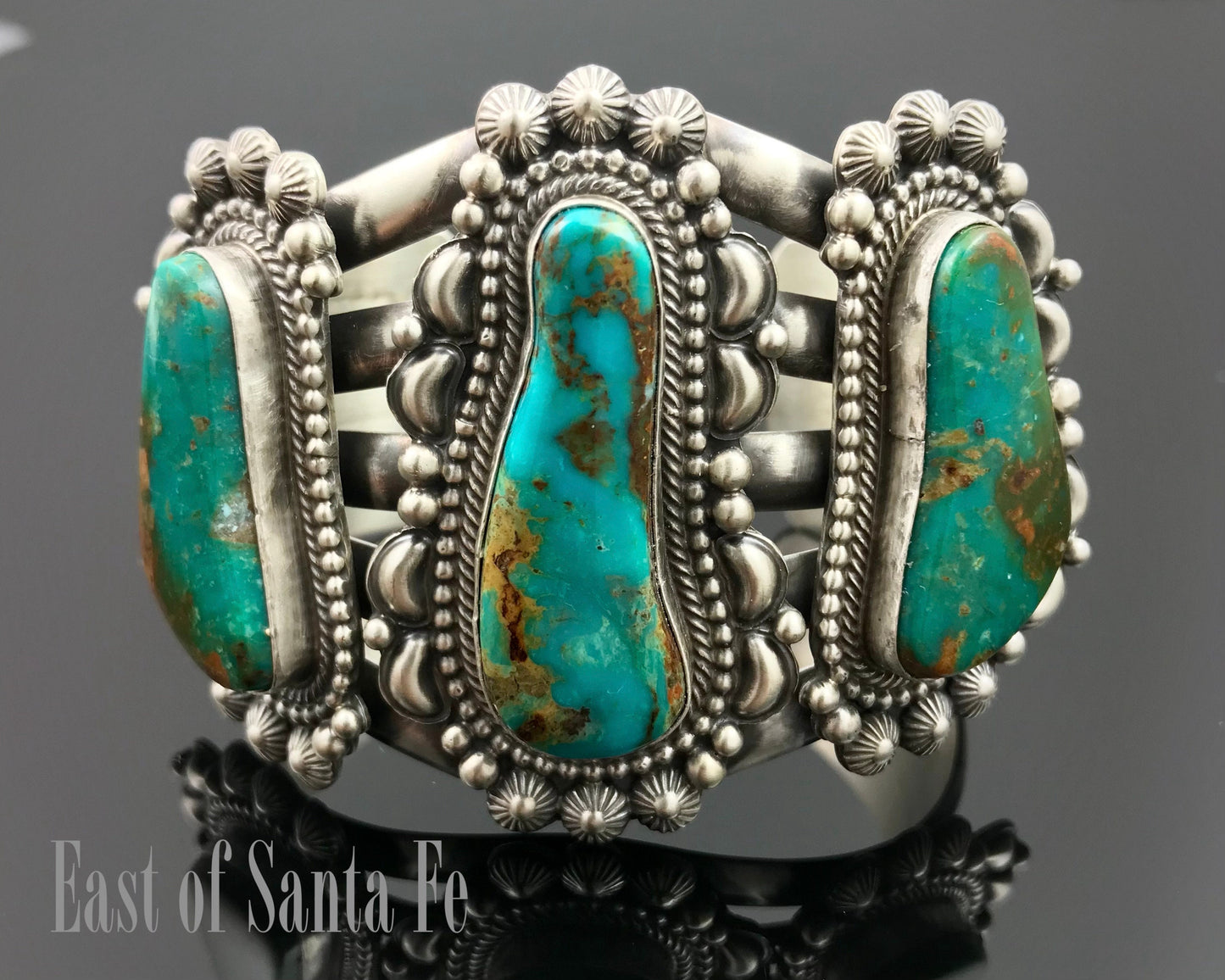 Elaborate Traditional Turquoise Navajo Cuff Bracelet Signed - Tom Lewis