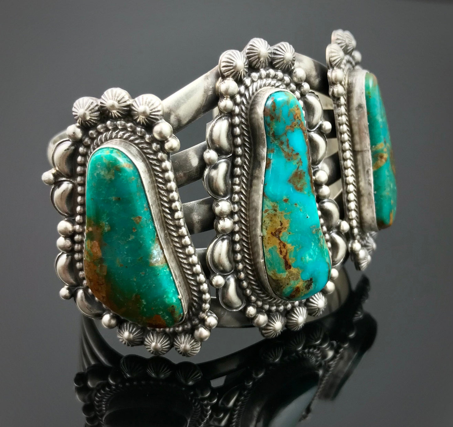 Elaborate Traditional Turquoise Navajo Cuff Bracelet Signed - Tom Lewis