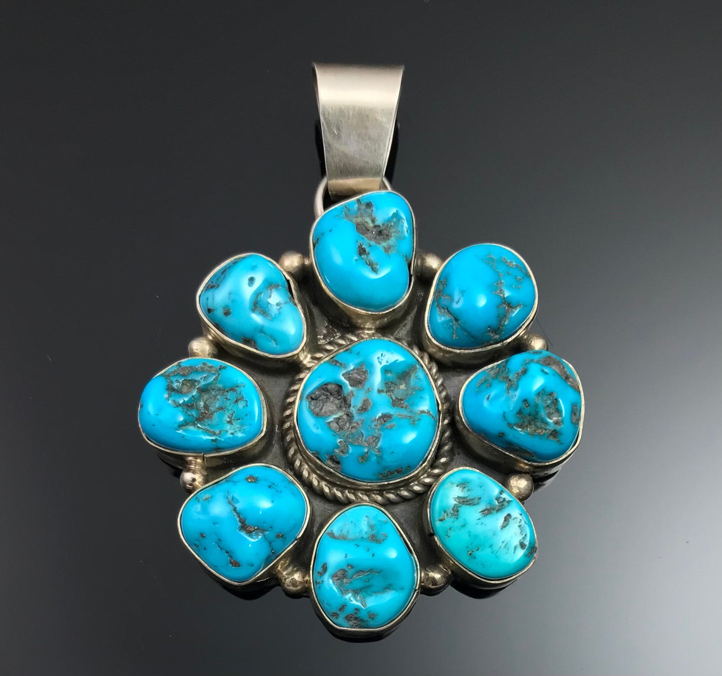 Sleeping Beauty Turquoise Navajo Cluster Pendant Signed  - Fred Peters