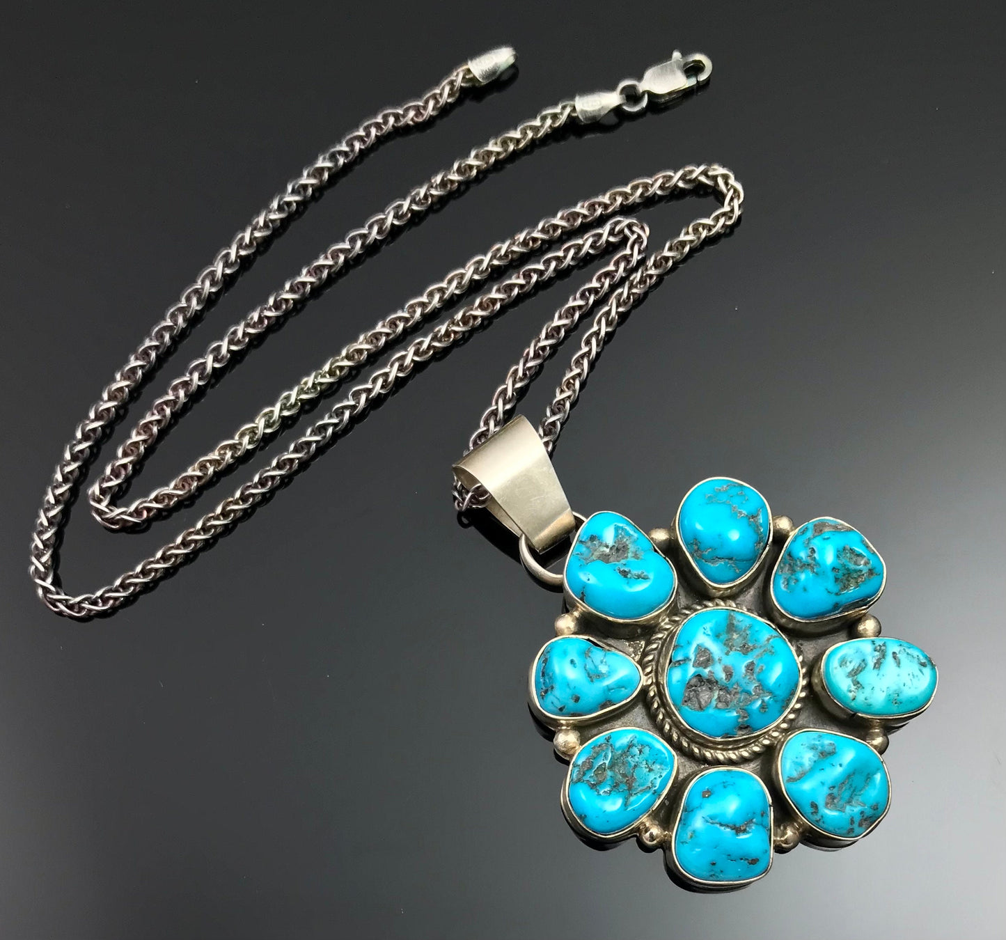 Sleeping Beauty Turquoise Navajo Cluster Pendant Signed  - Fred Peters